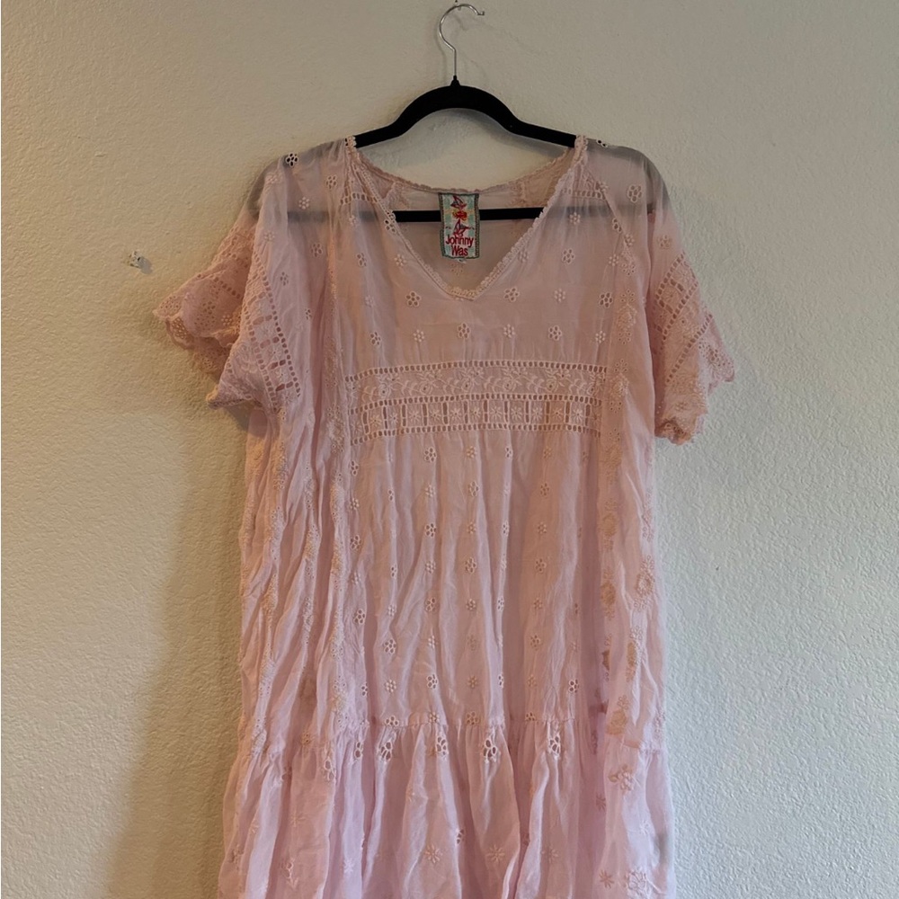 Johnny Was Pink Lace Short Sleeve Dress